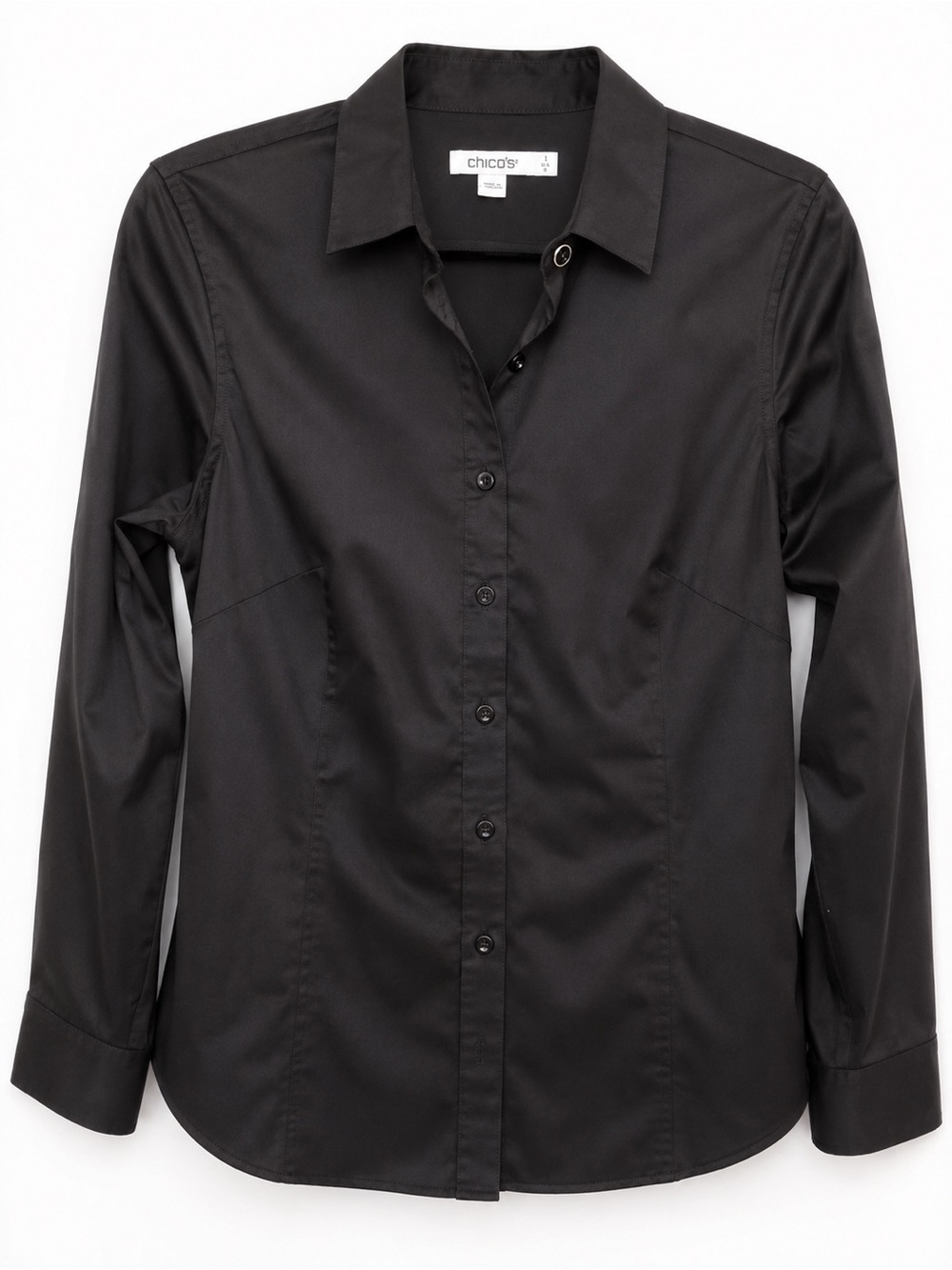 Chico’s Black No Iron Stretch Fitted Button-Up Shirt Gold Cube Collar Accent
